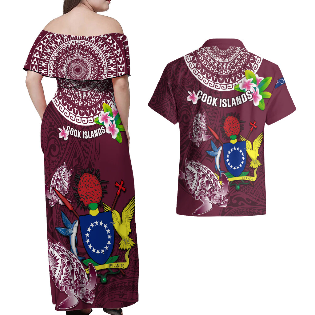 Cook Islands Mangaia Couples Matching Off Shoulder Maxi Dress and Hawaiian Shirt Coat Of Arms Plumeria Polynesian Turtle LT05 - Polynesian Pride