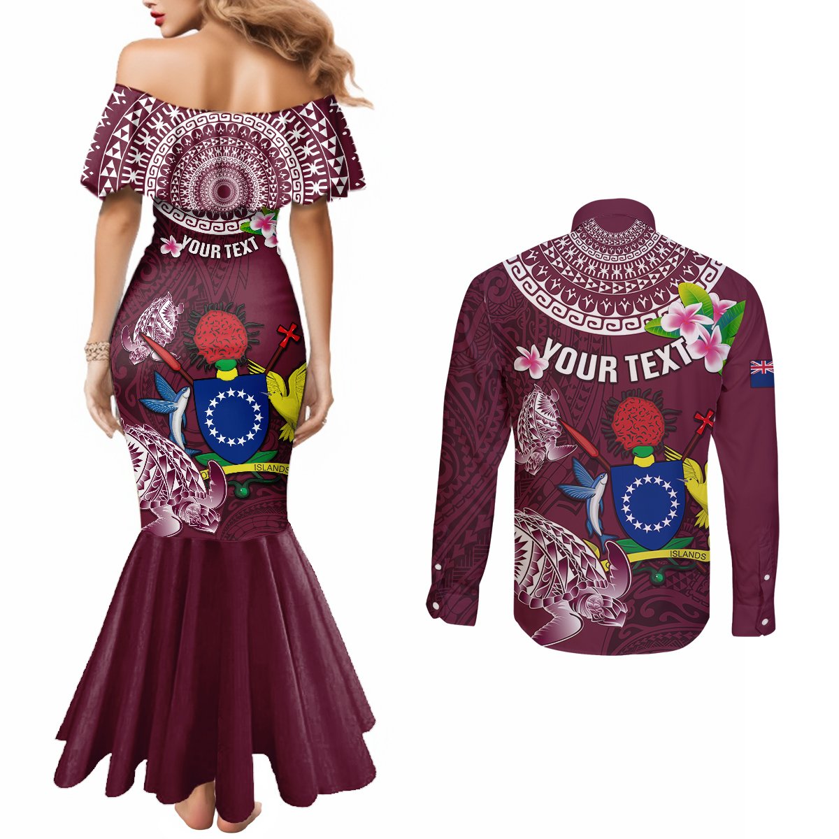 Personalized Cook Islands Mangaia Couples Matching Mermaid Dress and Long Sleeve Button Shirts Coat Of Arms Plumeria Polynesian Turtle LT05 - Polynesian Pride