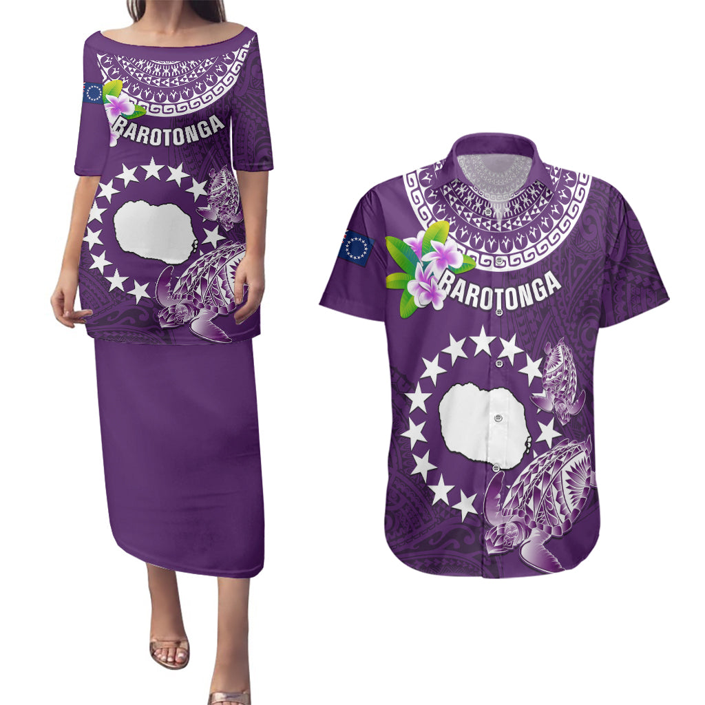 Cook Islands Rarotonga Couples Matching Puletasi Dress and Hawaiian Shirt Coat Of Arms Plumeria Polynesian Turtle LT05 Purple - Polynesian Pride