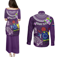 Personalized Cook Islands Rarotonga Couples Matching Puletasi Dress and Long Sleeve Button Shirts Coat Of Arms Plumeria Polynesian Turtle LT05 - Polynesian Pride