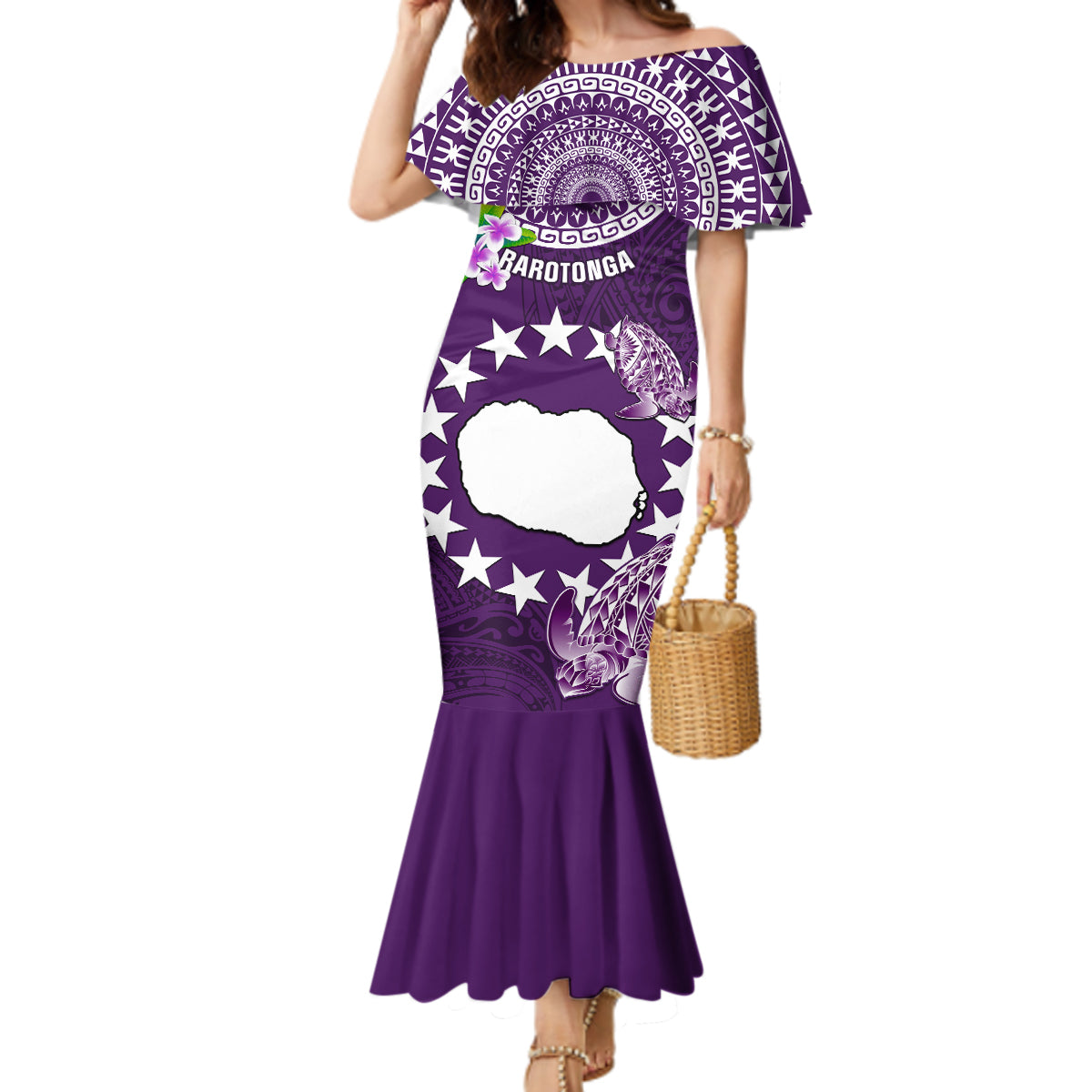 Personalized Cook Islands Rarotonga Mermaid Dress Coat Of Arms Plumeria Polynesian Turtle LT05 Women Purple - Polynesian Pride