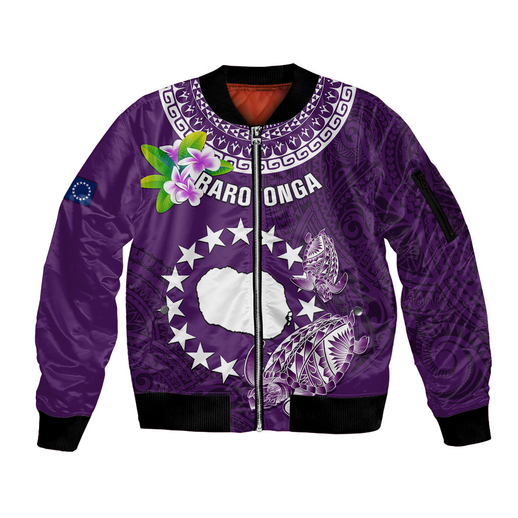 Personalized Cook Islands Rarotonga Sleeve Zip Bomber Jacket Coat Of Arms Plumeria Polynesian Turtle LT05 Unisex Purple - Polynesian Pride
