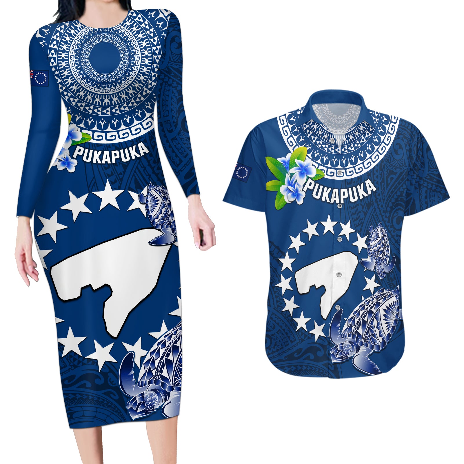 Cook Islands Pukapuka Couples Matching Long Sleeve Bodycon Dress and Hawaiian Shirt Coat Of Arms Plumeria Polynesian Turtle LT05 Blue - Polynesian Pride