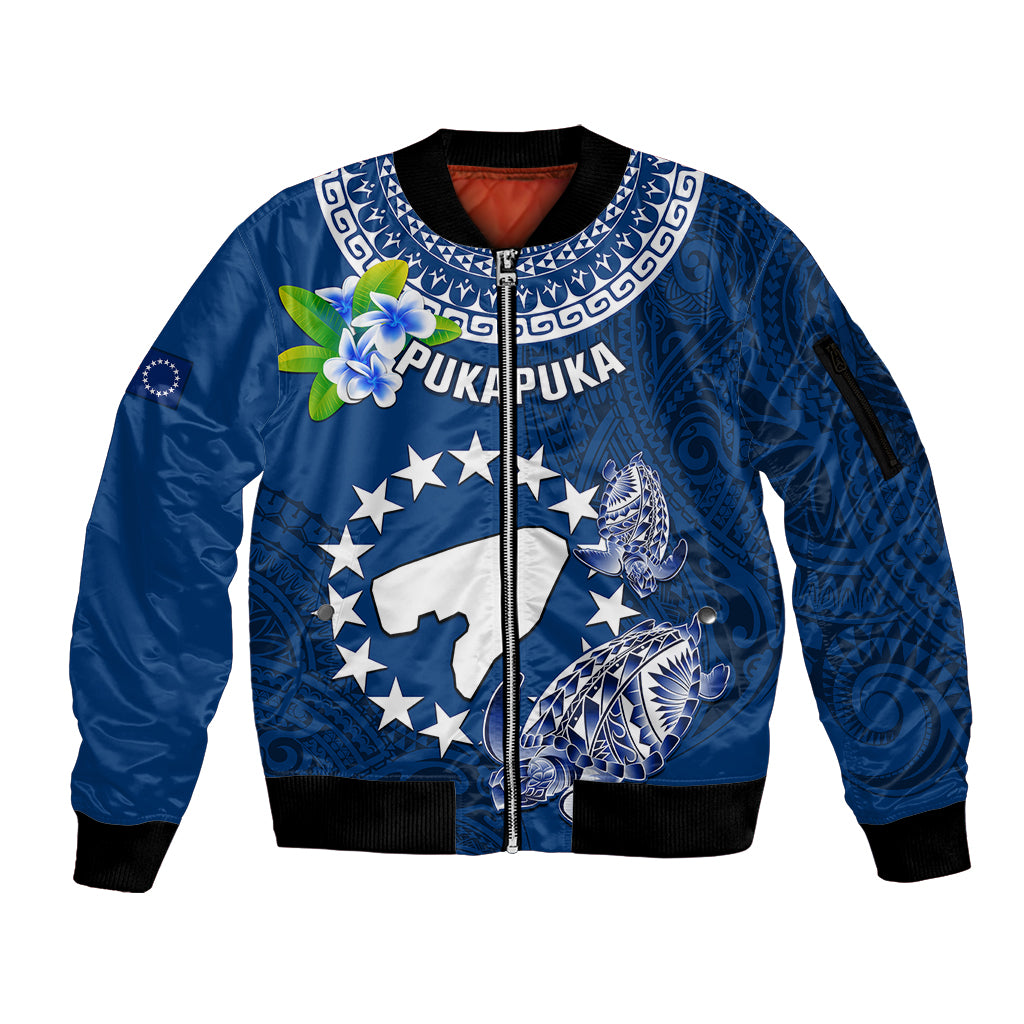 Cook Islands Pukapuka Sleeve Zip Bomber Jacket Coat Of Arms Plumeria Polynesian Turtle LT05 Unisex Blue - Polynesian Pride