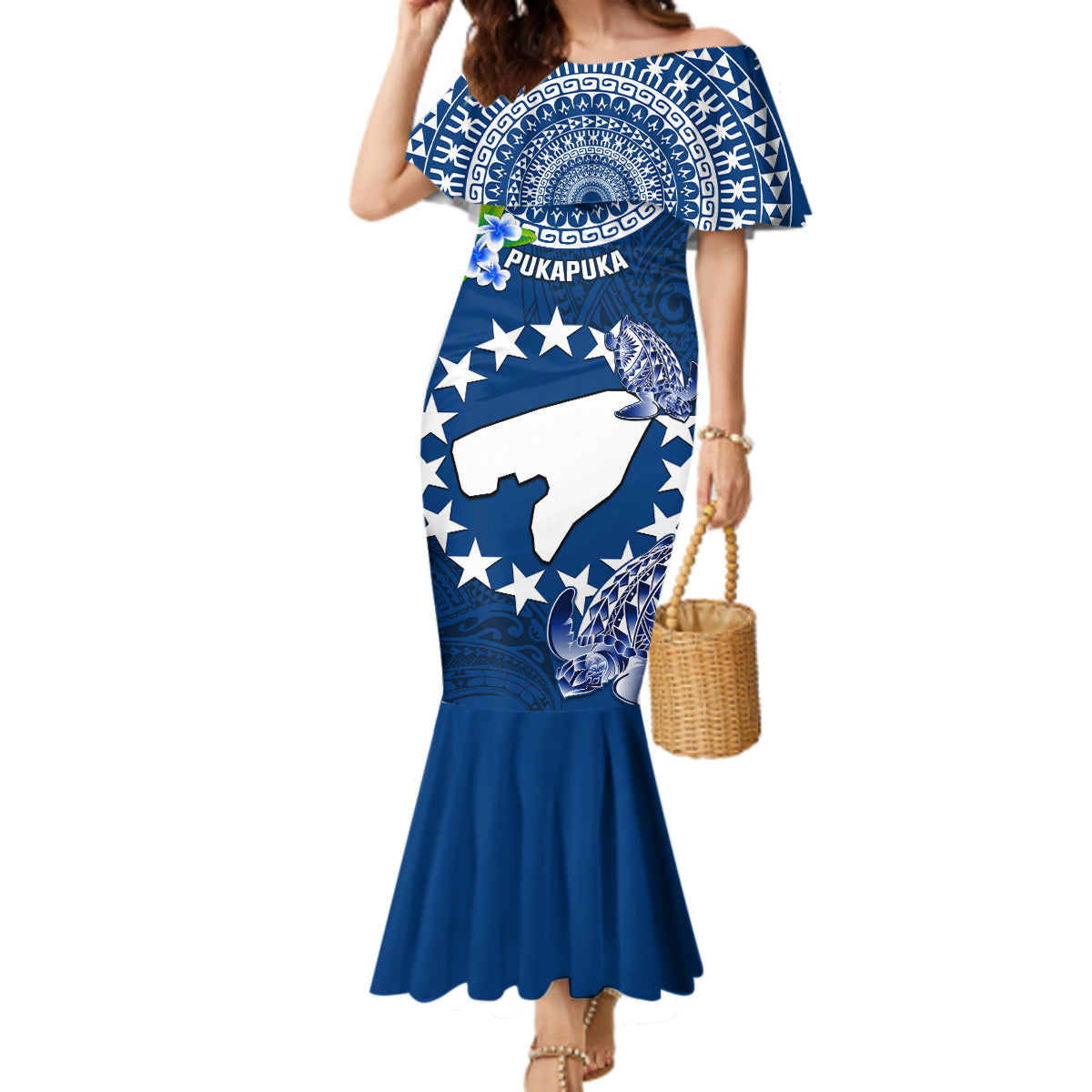 Personalized Cook Islands Pukapuka Mermaid Dress Coat Of Arms Plumeria Polynesian Turtle LT05 Women Blue - Polynesian Pride