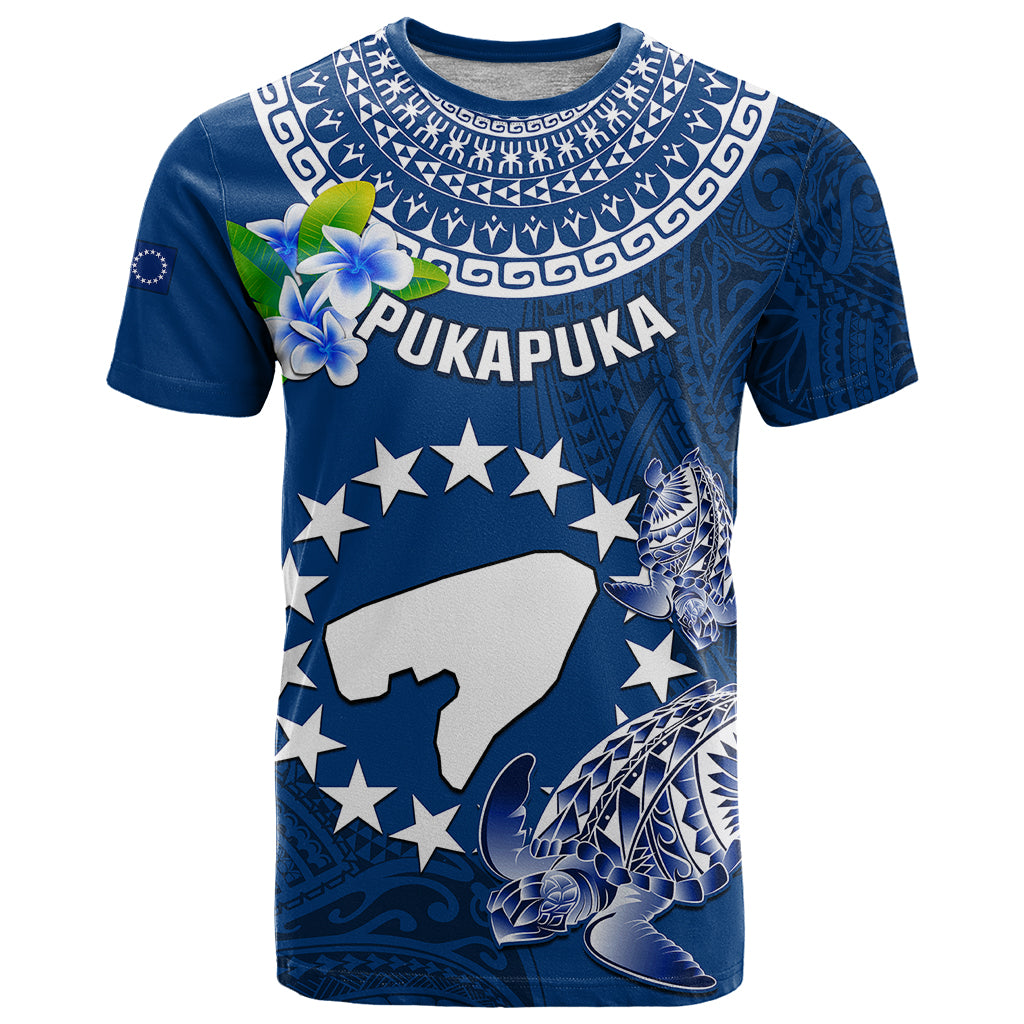 Personalized Cook Islands Pukapuka T Shirt Coat Of Arms Plumeria Polynesian Turtle LT05 Blue - Polynesian Pride