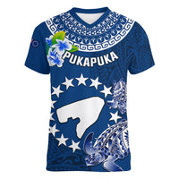 Personalized Cook Islands Pukapuka Women V Neck T Shirt Coat Of Arms Plumeria Polynesian Turtle LT05 Female Blue - Polynesian Pride