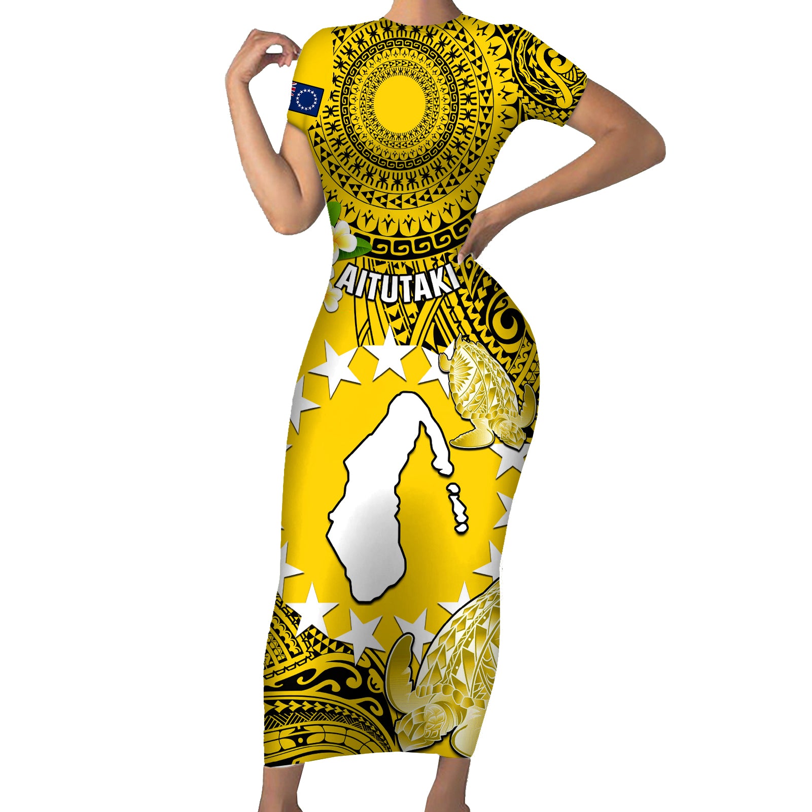 Cook Islands Aitutaki Short Sleeve Bodycon Dress Coat Of Arms Plumeria Polynesian Turtle LT05 Long Dress Yellow - Polynesian Pride