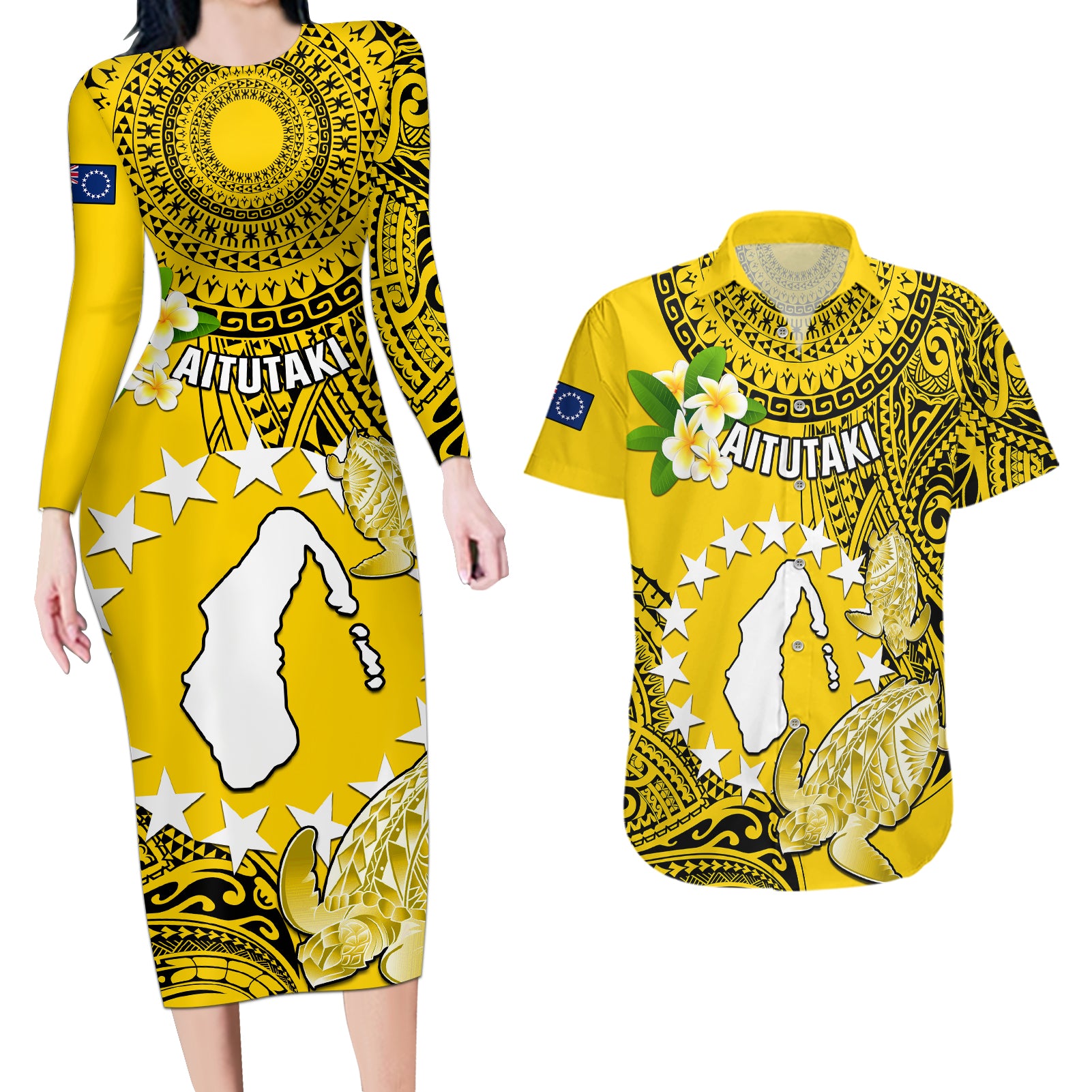 Personalized Cook Islands Aitutaki Couples Matching Long Sleeve Bodycon Dress and Hawaiian Shirt Coat Of Arms Plumeria Polynesian Turtle LT05 Yellow - Polynesian Pride