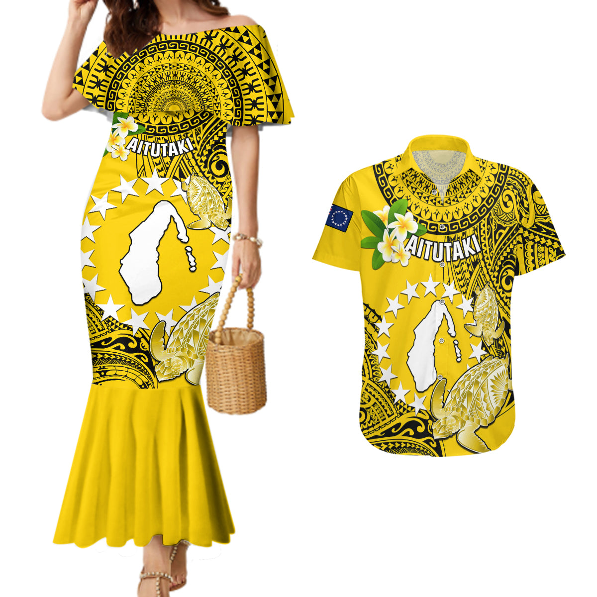 Personalized Cook Islands Aitutaki Couples Matching Mermaid Dress and Hawaiian Shirt Coat Of Arms Plumeria Polynesian Turtle LT05 Yellow - Polynesian Pride