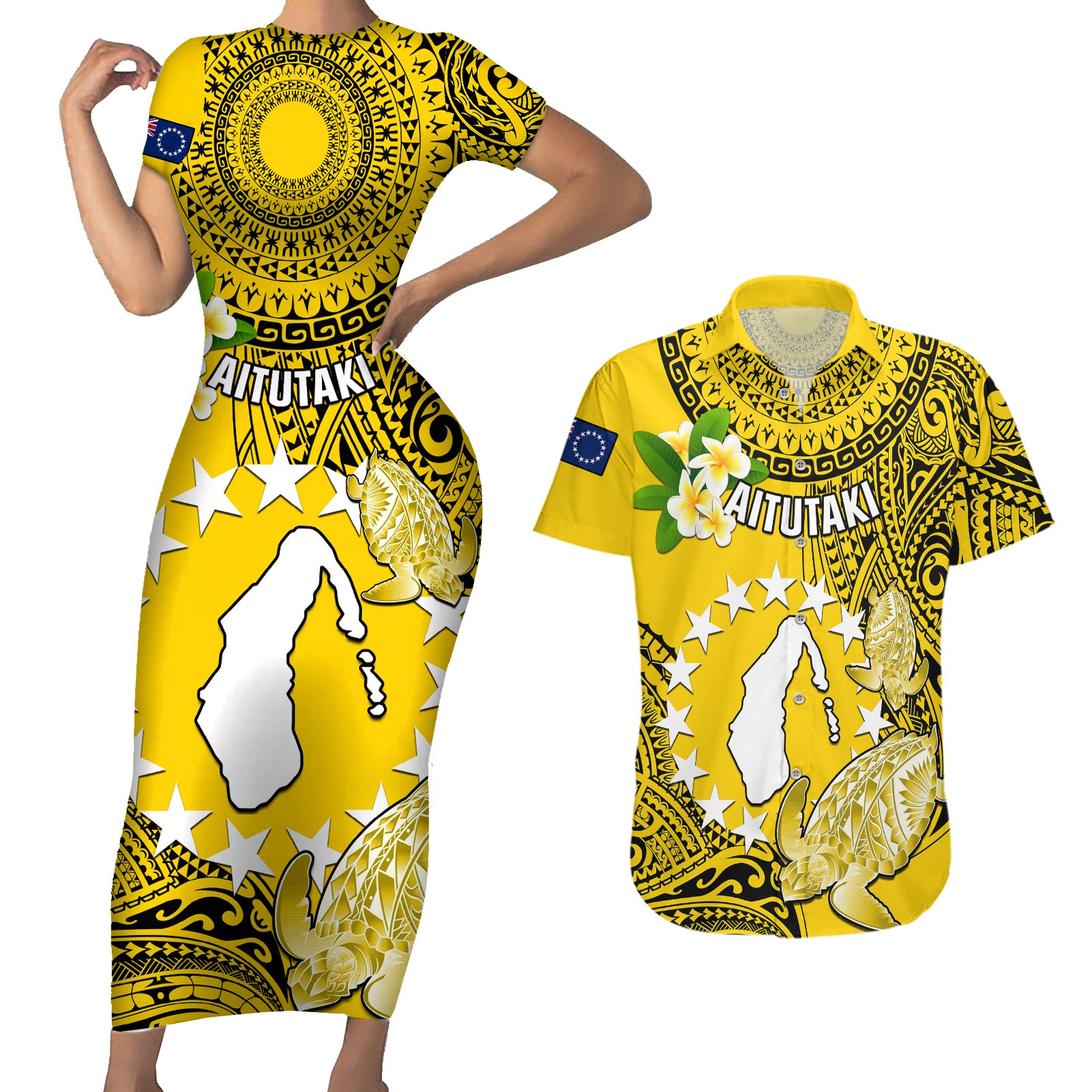 Personalized Cook Islands Aitutaki Couples Matching Short Sleeve Bodycon Dress and Hawaiian Shirt Coat Of Arms Plumeria Polynesian Turtle LT05 Yellow - Polynesian Pride