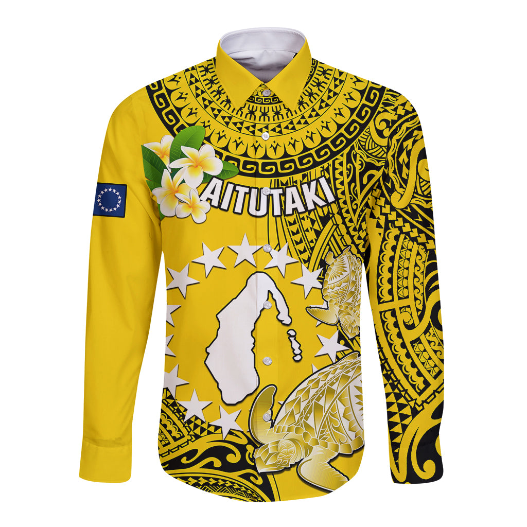 Personalized Cook Islands Aitutaki Long Sleeve Button Shirt Coat Of Arms Plumeria Polynesian Turtle LT05 Unisex Yellow - Polynesian Pride