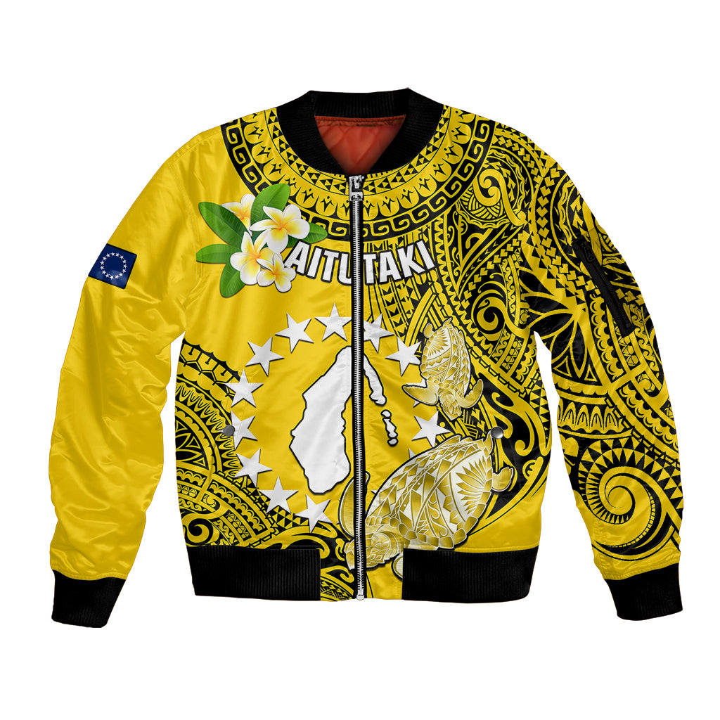 Personalized Cook Islands Aitutaki Sleeve Zip Bomber Jacket Coat Of Arms Plumeria Polynesian Turtle LT05 Unisex Yellow - Polynesian Pride