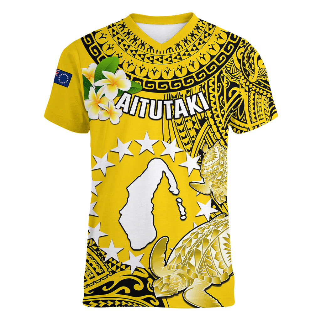 Personalized Cook Islands Aitutaki Women V Neck T Shirt Coat Of Arms Plumeria Polynesian Turtle LT05 Female Yellow - Polynesian Pride