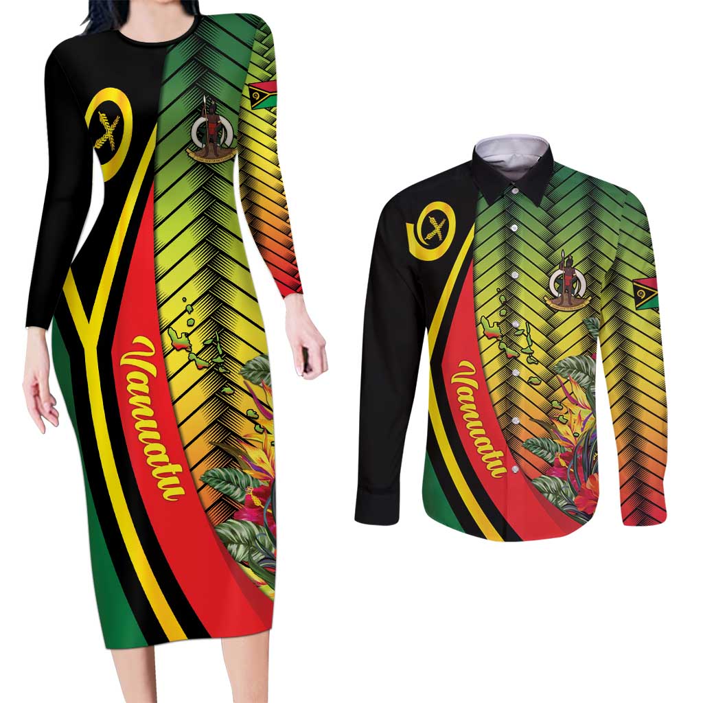 Vanuatu Constitution Day Couples Matching Long Sleeve Bodycon Dress and Long Sleeve Button Shirt Long Live Vanuatu - Polynesian Pride