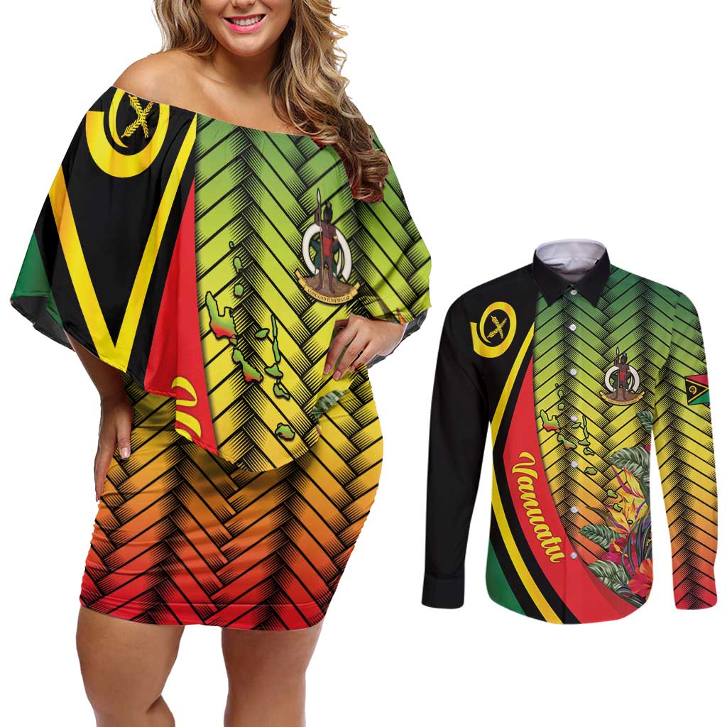 Vanuatu Constitution Day Couples Matching Off Shoulder Short Dress and Long Sleeve Button Shirt Long Live Vanuatu - Polynesian Pride