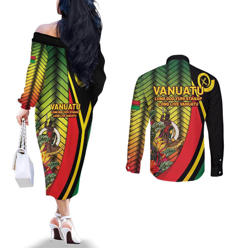 Vanuatu Constitution Day Couples Matching Off The Shoulder Long Sleeve Dress and Long Sleeve Button Shirt Long Live Vanuatu - Polynesian Pride