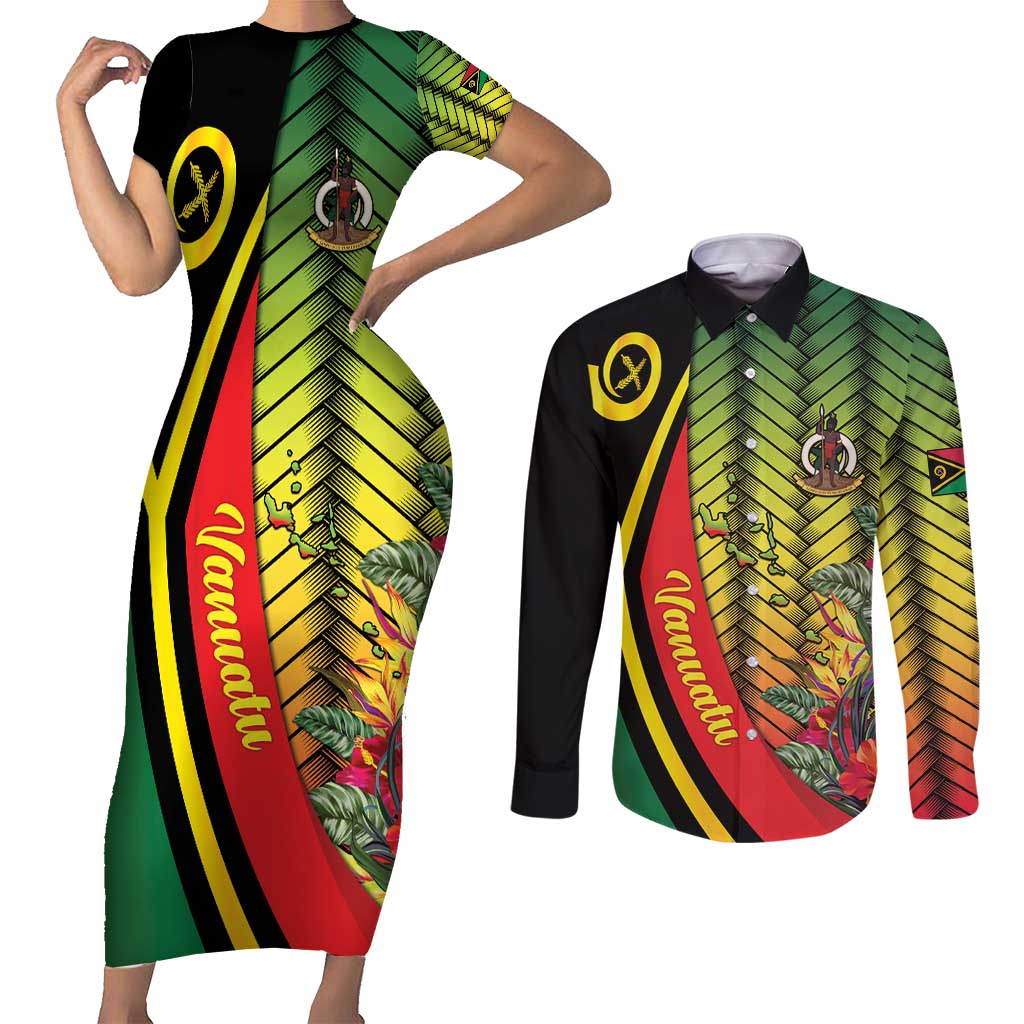 Vanuatu Constitution Day Couples Matching Short Sleeve Bodycon Dress and Long Sleeve Button Shirt Long Live Vanuatu - Polynesian Pride