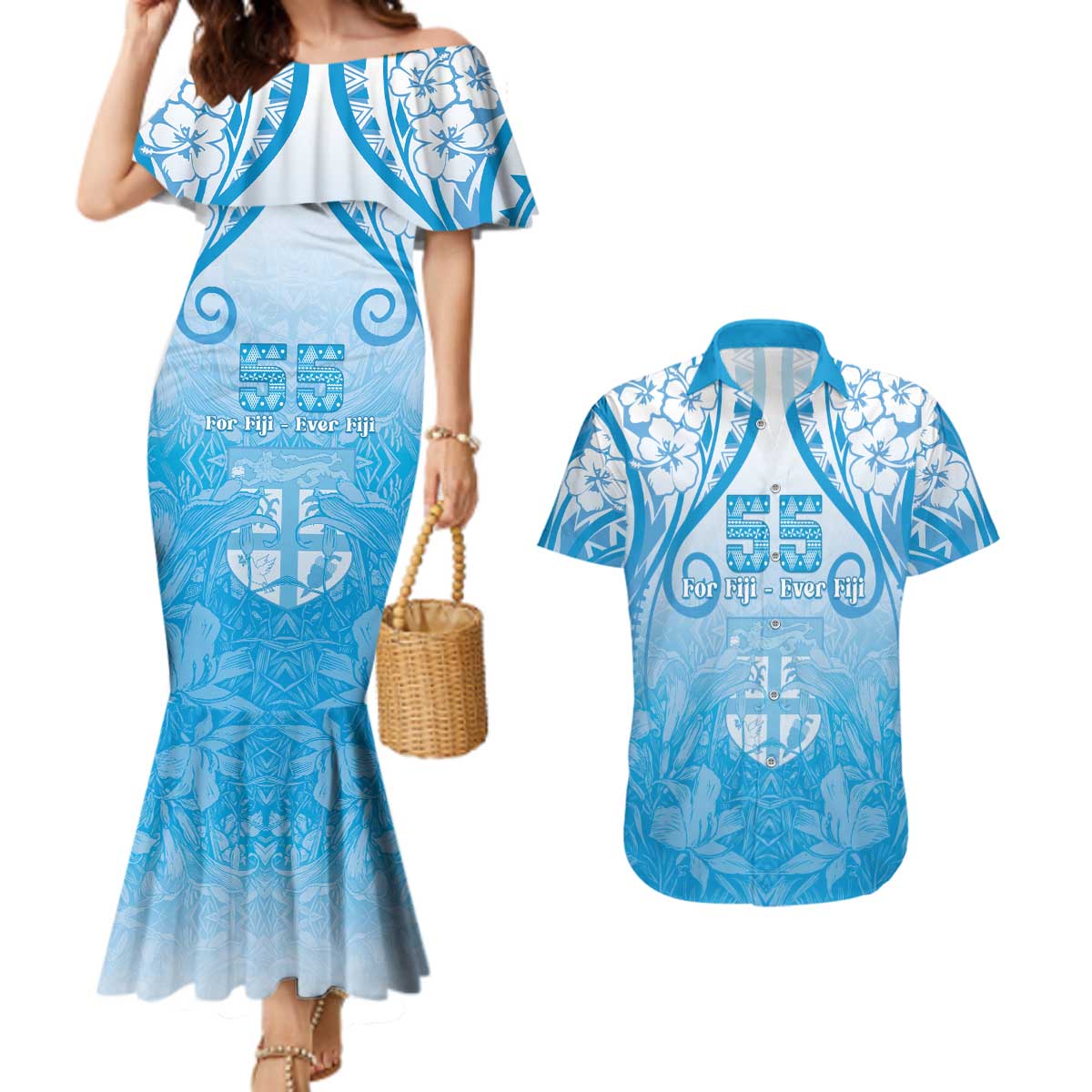 Fiji Day Couples Matching Mermaid Dress and Hawaiian Shirt 55th Anniversary Forever Fiji - Polynesian Pride