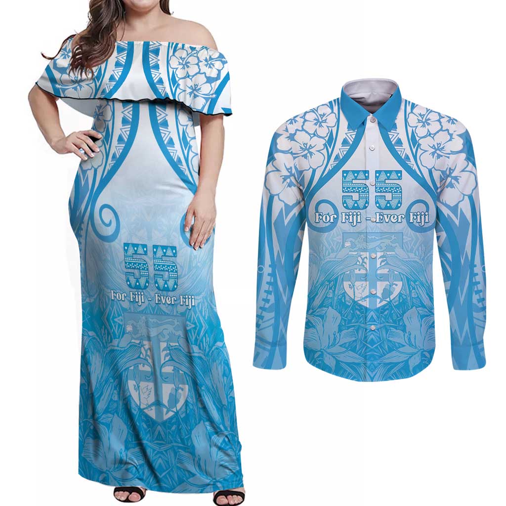 Fiji Day Couples Matching Off Shoulder Maxi Dress and Long Sleeve Button Shirt 55th Anniversary Forever Fiji - Polynesian Pride