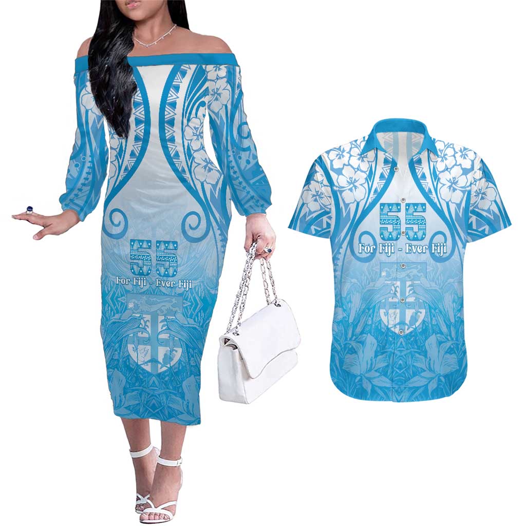 Fiji Day Couples Matching Off The Shoulder Long Sleeve Dress and Hawaiian Shirt 55th Anniversary Forever Fiji - Polynesian Pride