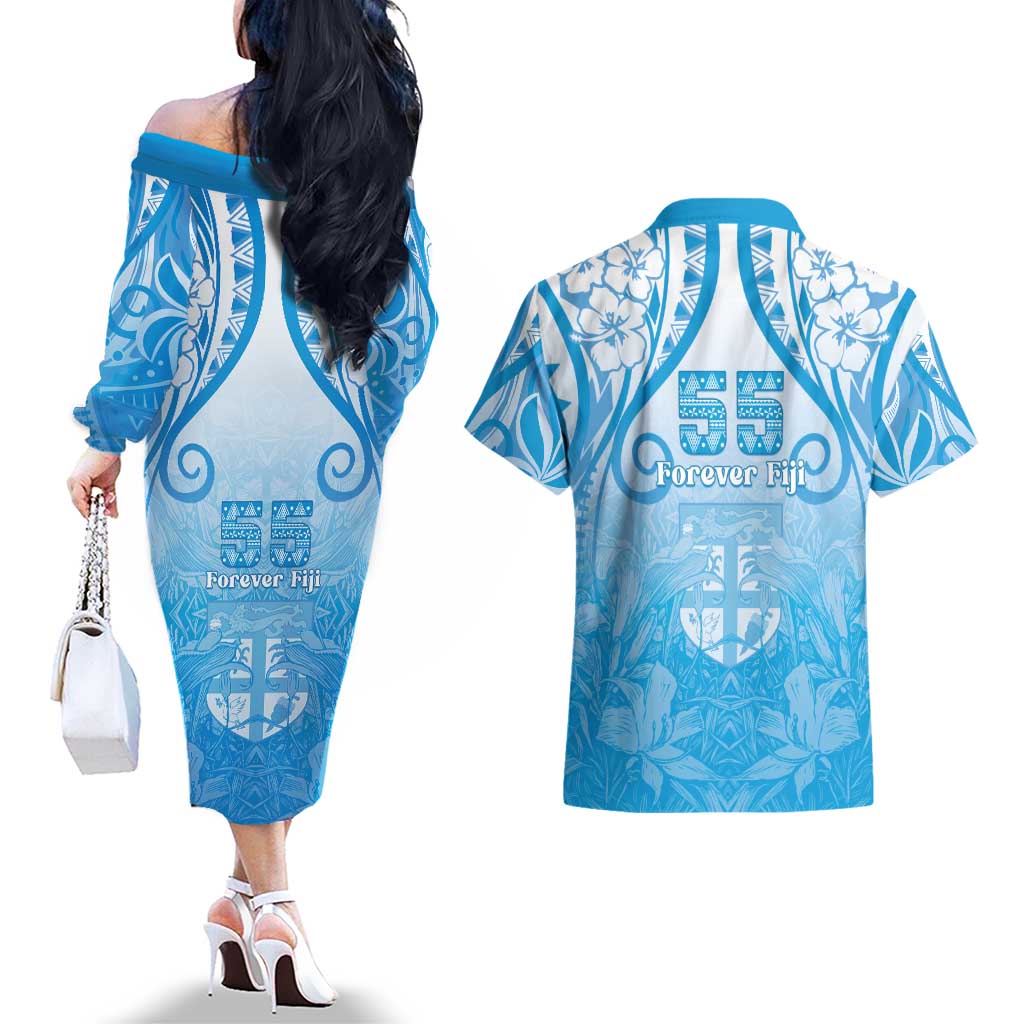 Fiji Day Couples Matching Off The Shoulder Long Sleeve Dress and Hawaiian Shirt 55th Anniversary Forever Fiji - Polynesian Pride