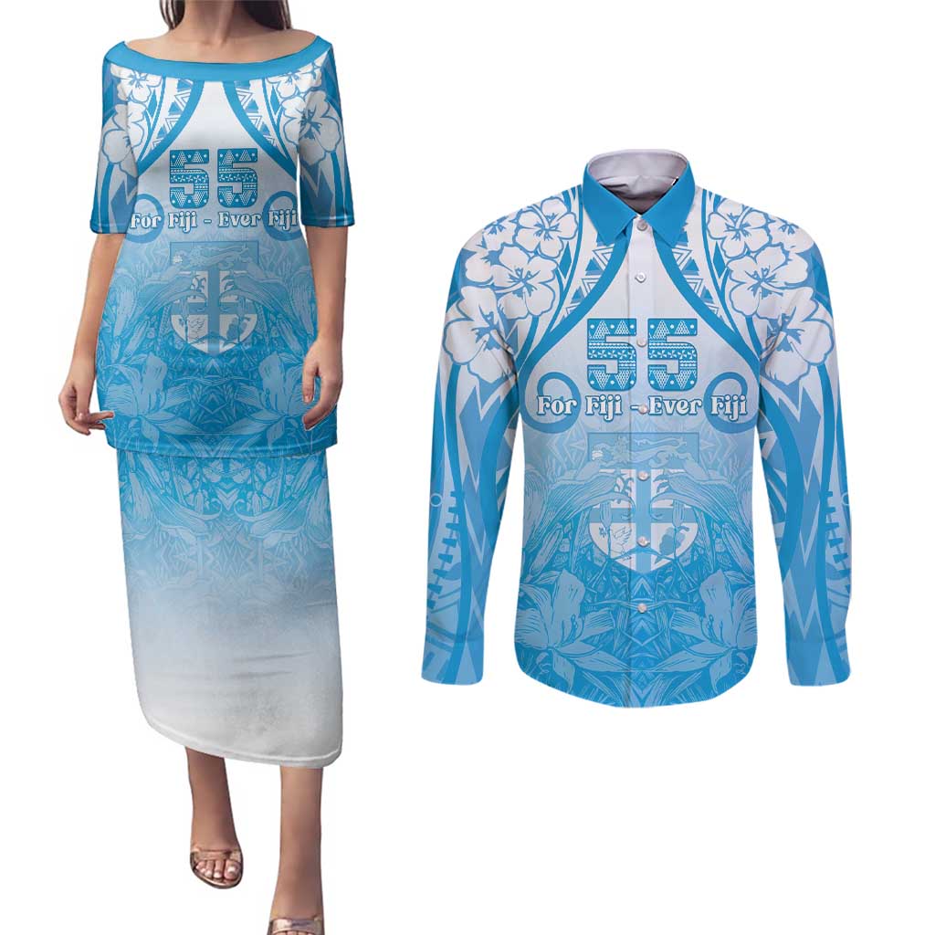 Fiji Day Couples Matching Puletasi and Long Sleeve Button Shirt 55th Anniversary Forever Fiji - Polynesian Pride