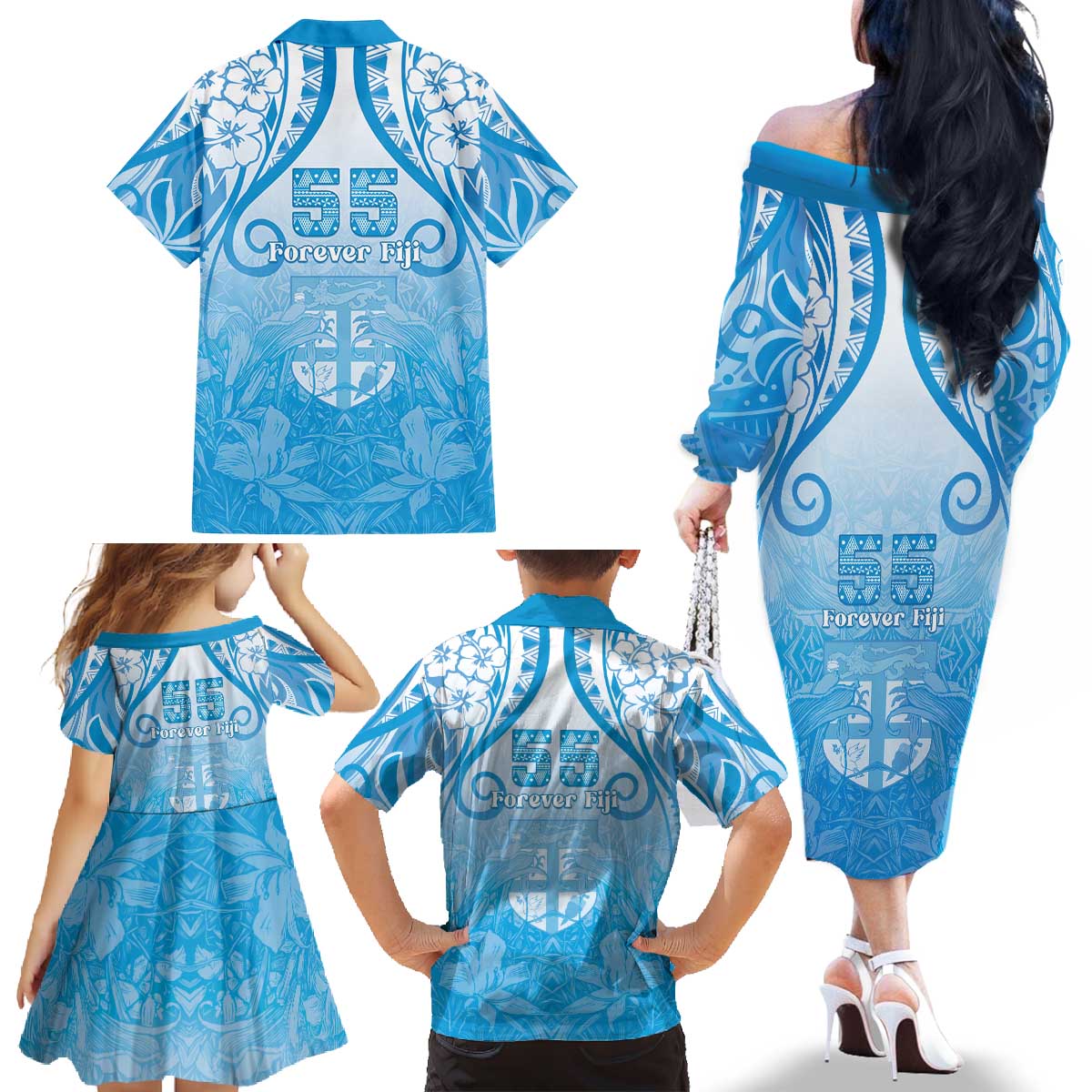 Fiji Day Family Matching Off The Shoulder Long Sleeve Dress and Hawaiian Shirt 55th Anniversary Forever Fiji - Polynesian Pride