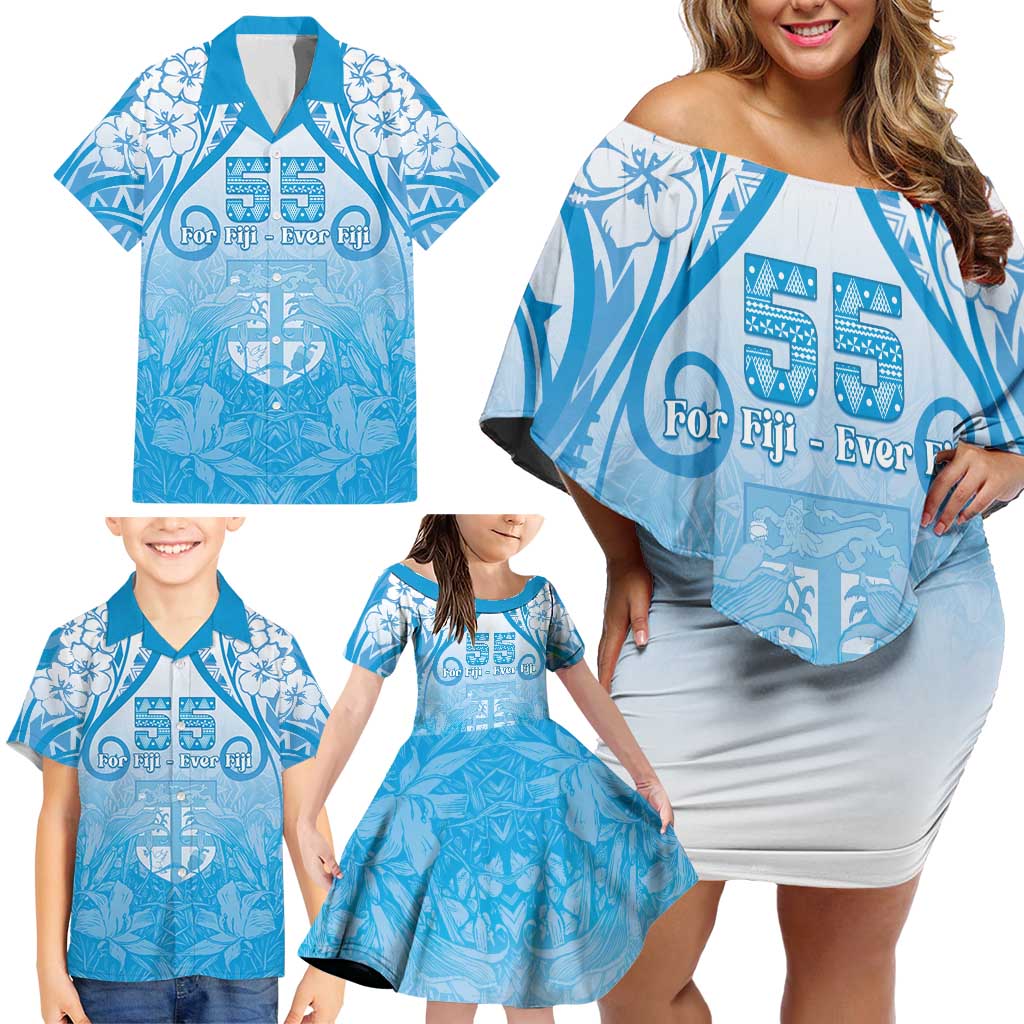 Fiji Day Family Matching Off Shoulder Short Dress and Hawaiian Shirt 55th Anniversary Forever Fiji - Polynesian Pride