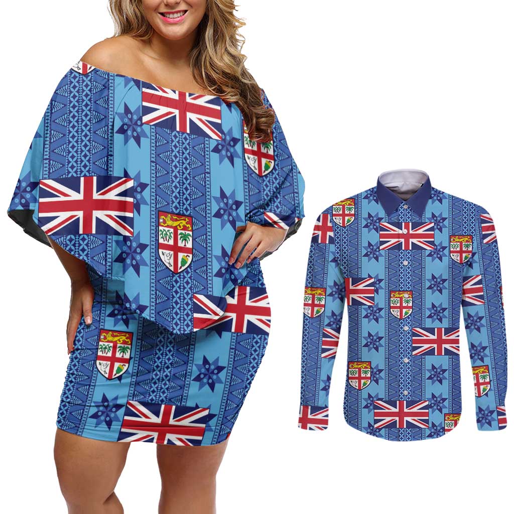 Fiji Masi Tapa Couples Matching Off Shoulder Short Dress and Long Sleeve Button Shirt Coat Of Arms - Polynesian Pride
