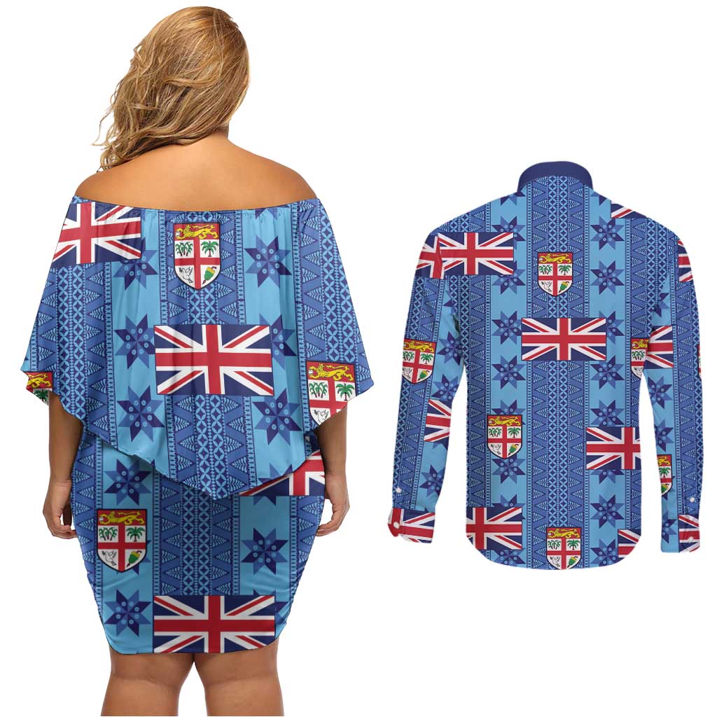 Fiji Masi Tapa Couples Matching Off Shoulder Short Dress and Long Sleeve Button Shirt Coat Of Arms - Polynesian Pride
