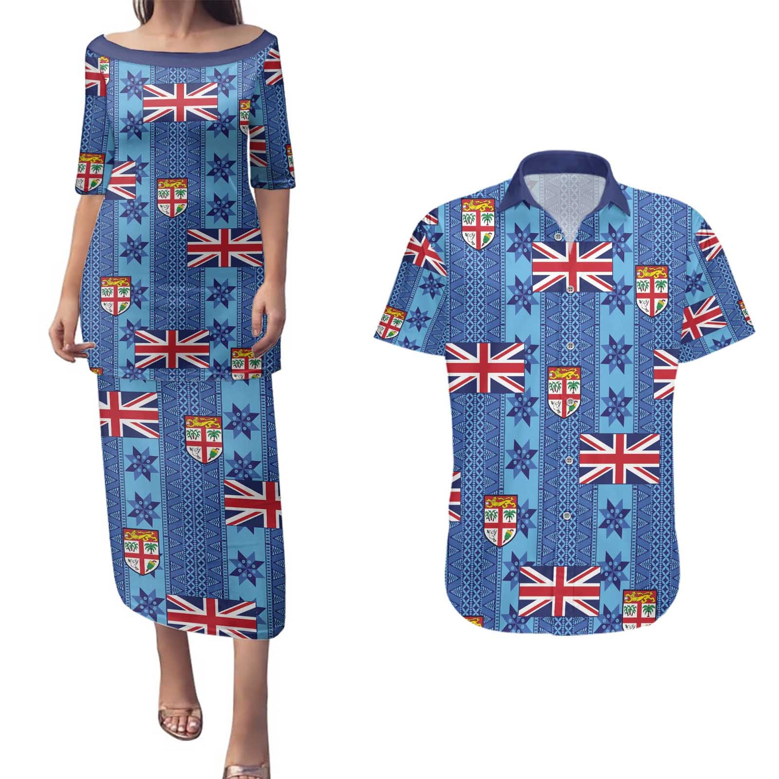 Fiji Masi Tapa Couples Matching Puletasi and Hawaiian Shirt Coat Of Arms - Polynesian Pride