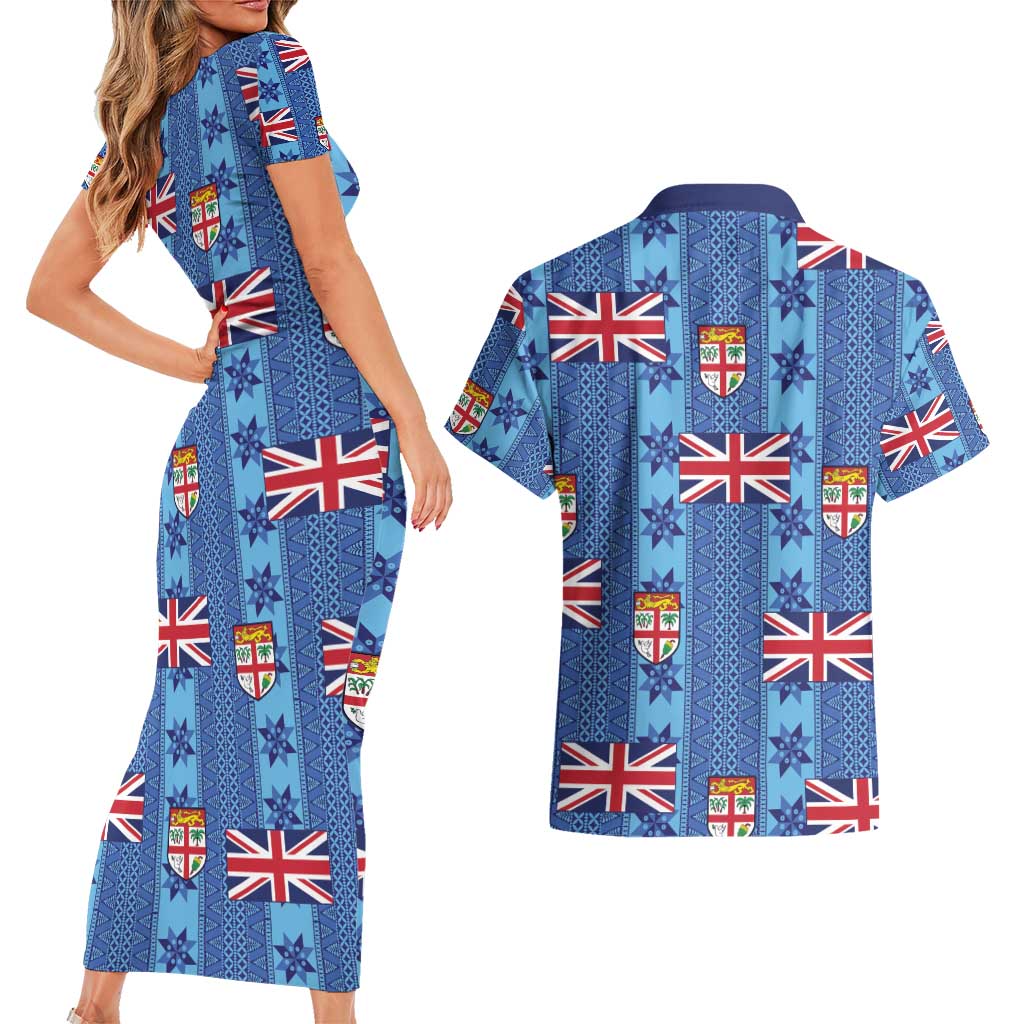 Fiji Masi Tapa Couples Matching Short Sleeve Bodycon Dress and Hawaiian Shirt Coat Of Arms - Polynesian Pride