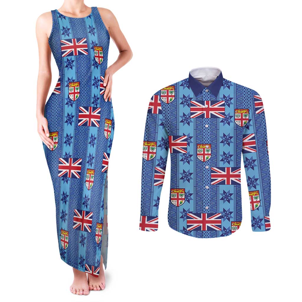 Fiji Masi Tapa Couples Matching Tank Maxi Dress and Long Sleeve Button Shirt Coat Of Arms - Polynesian Pride