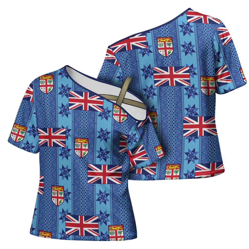 Fiji Masi Tapa Cross Shoulder Shirt Coat Of Arms - Polynesian Pride