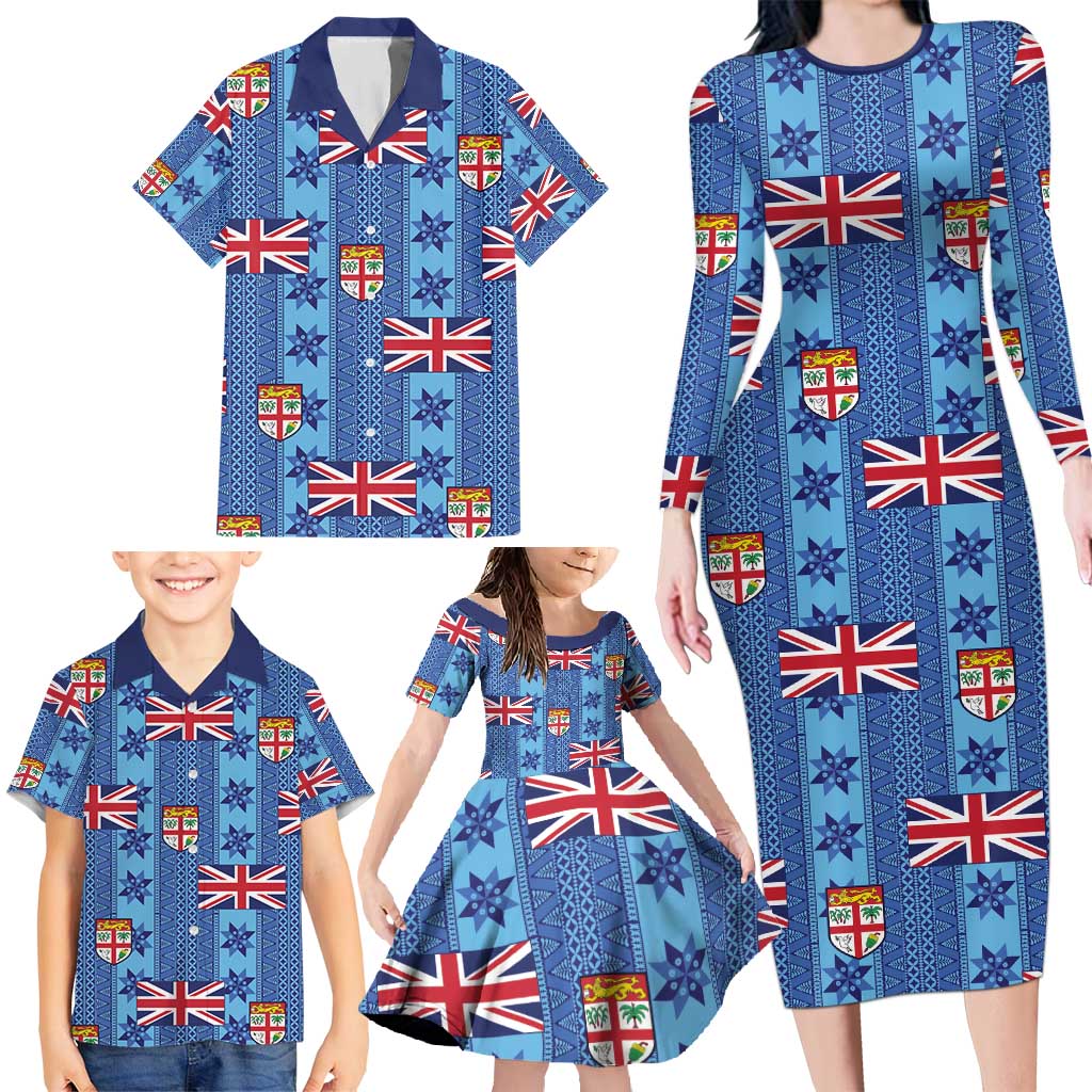 Fiji Masi Tapa Family Matching Long Sleeve Bodycon Dress and Hawaiian Shirt Coat Of Arms - Polynesian Pride