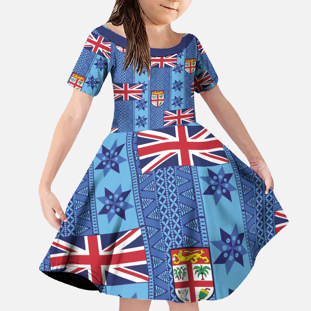 Fiji Masi Tapa Family Matching Off The Shoulder Long Sleeve Dress and Hawaiian Shirt Coat Of Arms - Polynesian Pride