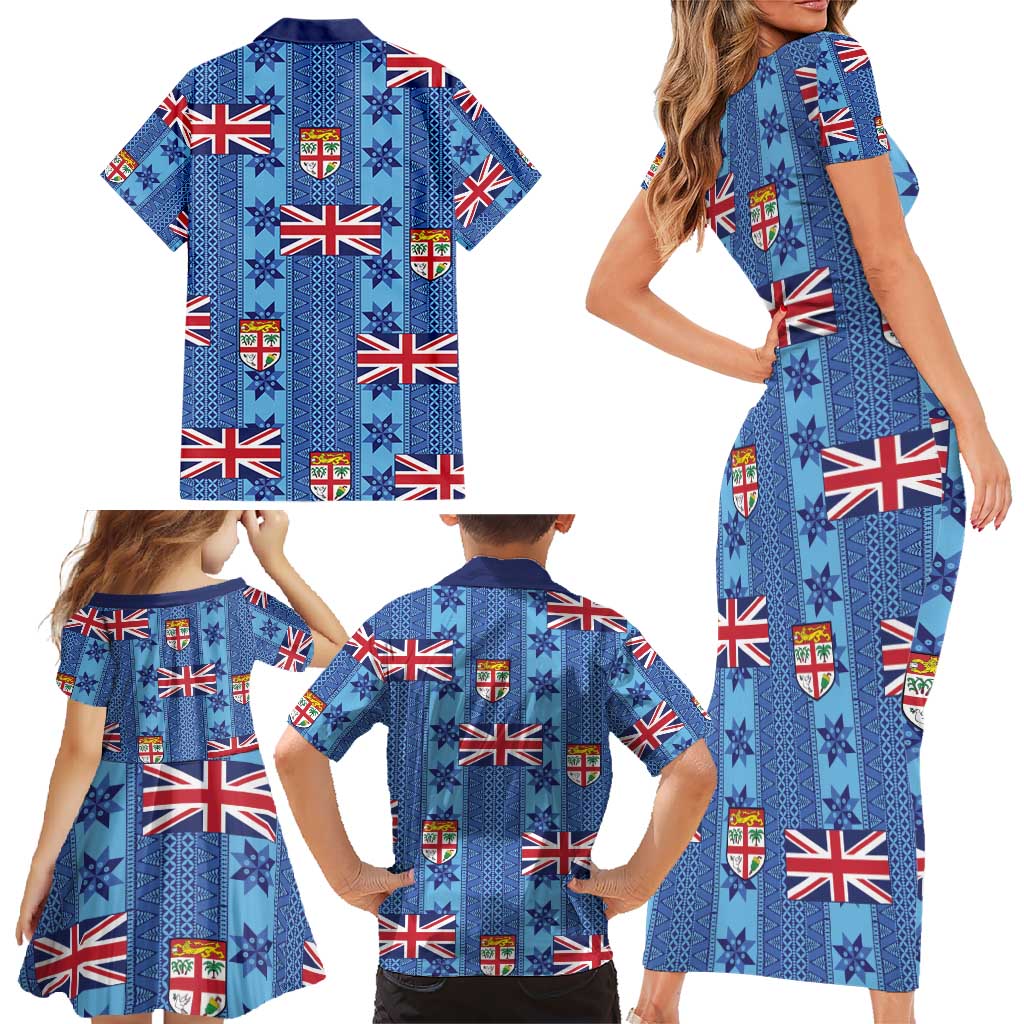 Fiji Masi Tapa Family Matching Short Sleeve Bodycon Dress and Hawaiian Shirt Coat Of Arms - Polynesian Pride