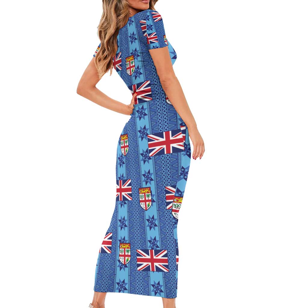 Fiji Masi Tapa Family Matching Short Sleeve Bodycon Dress and Hawaiian Shirt Coat Of Arms - Polynesian Pride