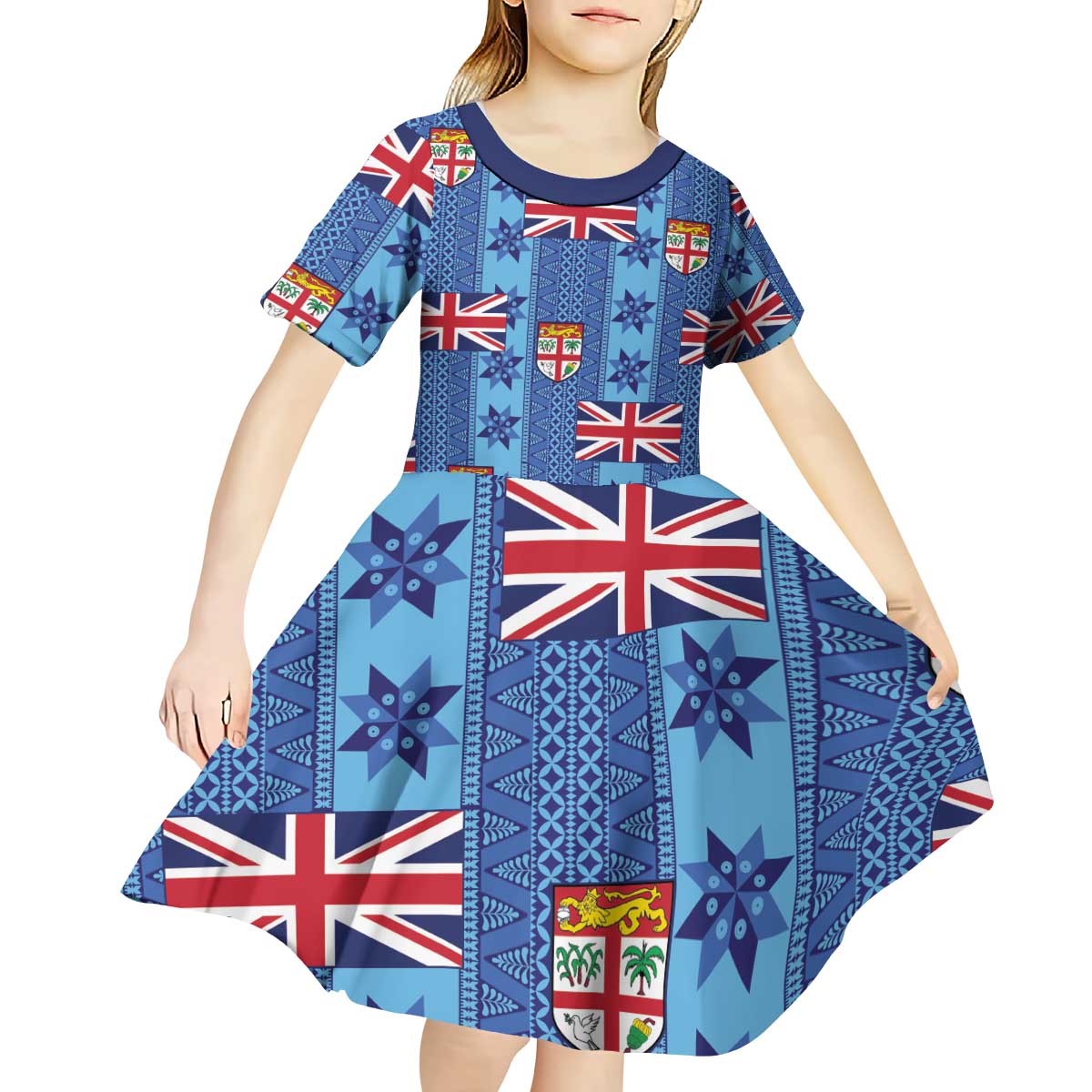 Fiji Masi Tapa Kid Short Sleeve Dress Coat Of Arms - Polynesian Pride