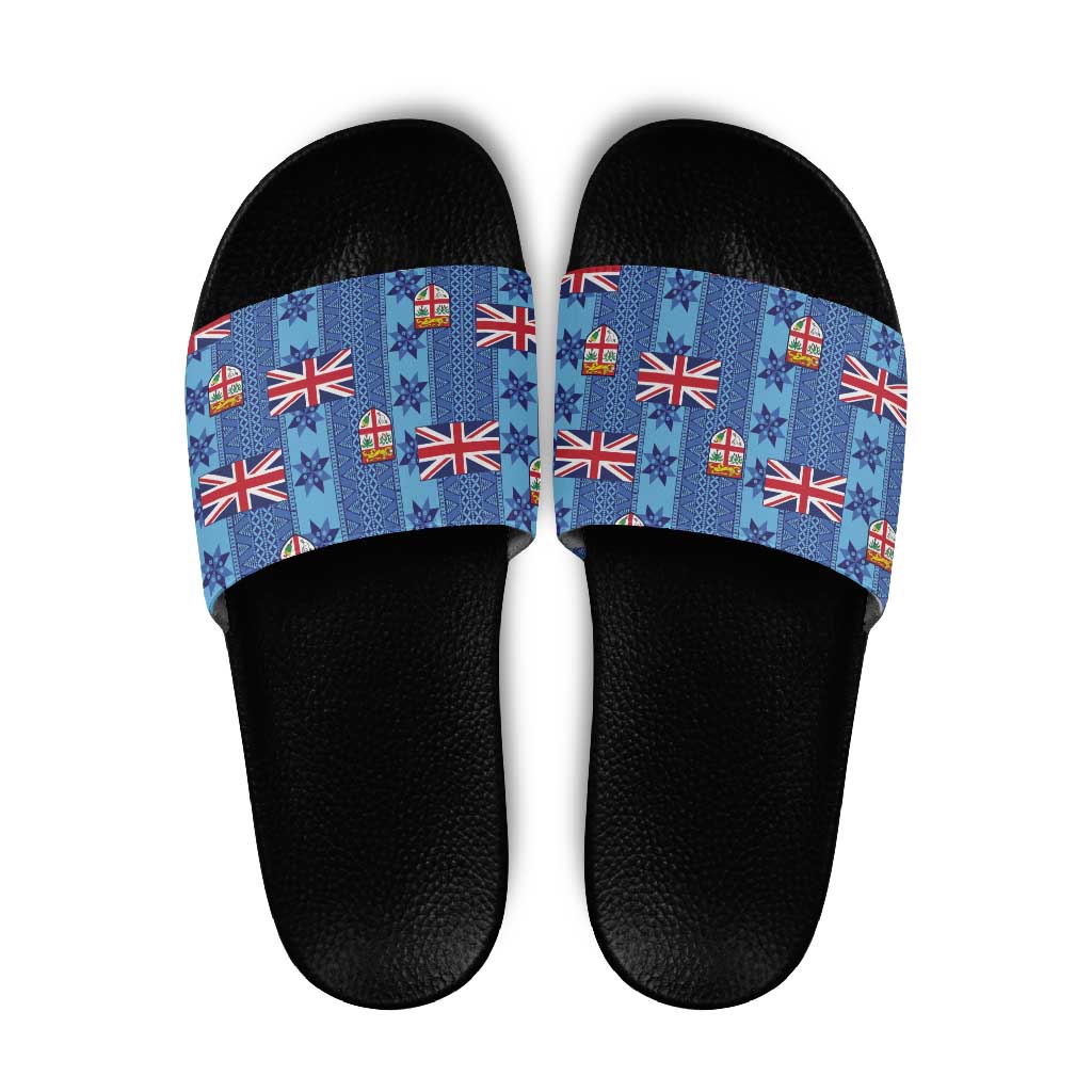 Fiji Masi Tapa Slide Sandals Coat Of Arms LT05 Blue - Polynesian Pride