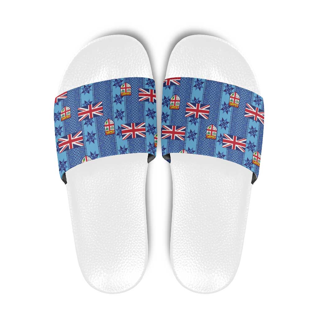 Fiji Masi Tapa Slide Sandals Coat Of Arms LT05 Blue - Polynesian Pride