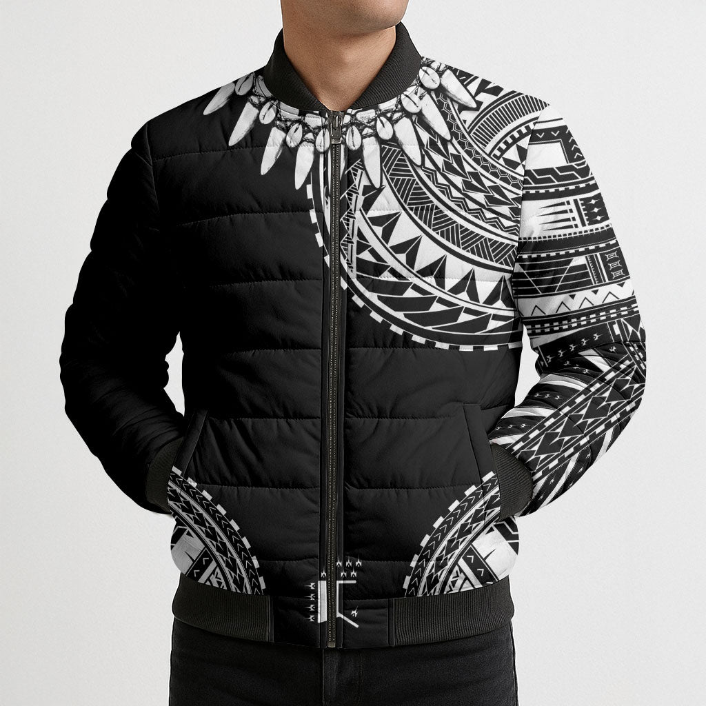 Polynesian Chief Inspired Costume Bomber Puffer Jacket Tribal Pattern With Tooth Necklace Black