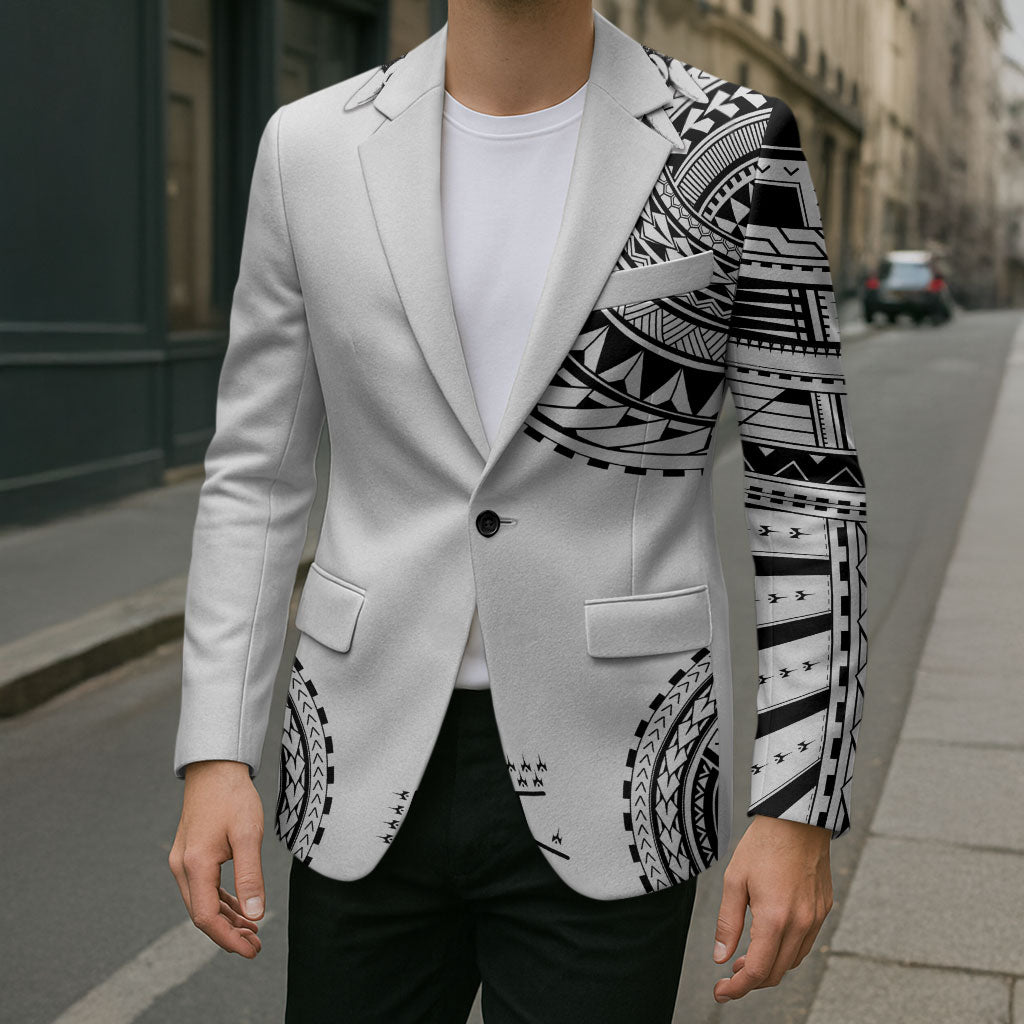 Polynesian Chief Inspired Costume Blazer Tribal Pattern With Tooth Necklace White LT05 - Polynesian Pride
