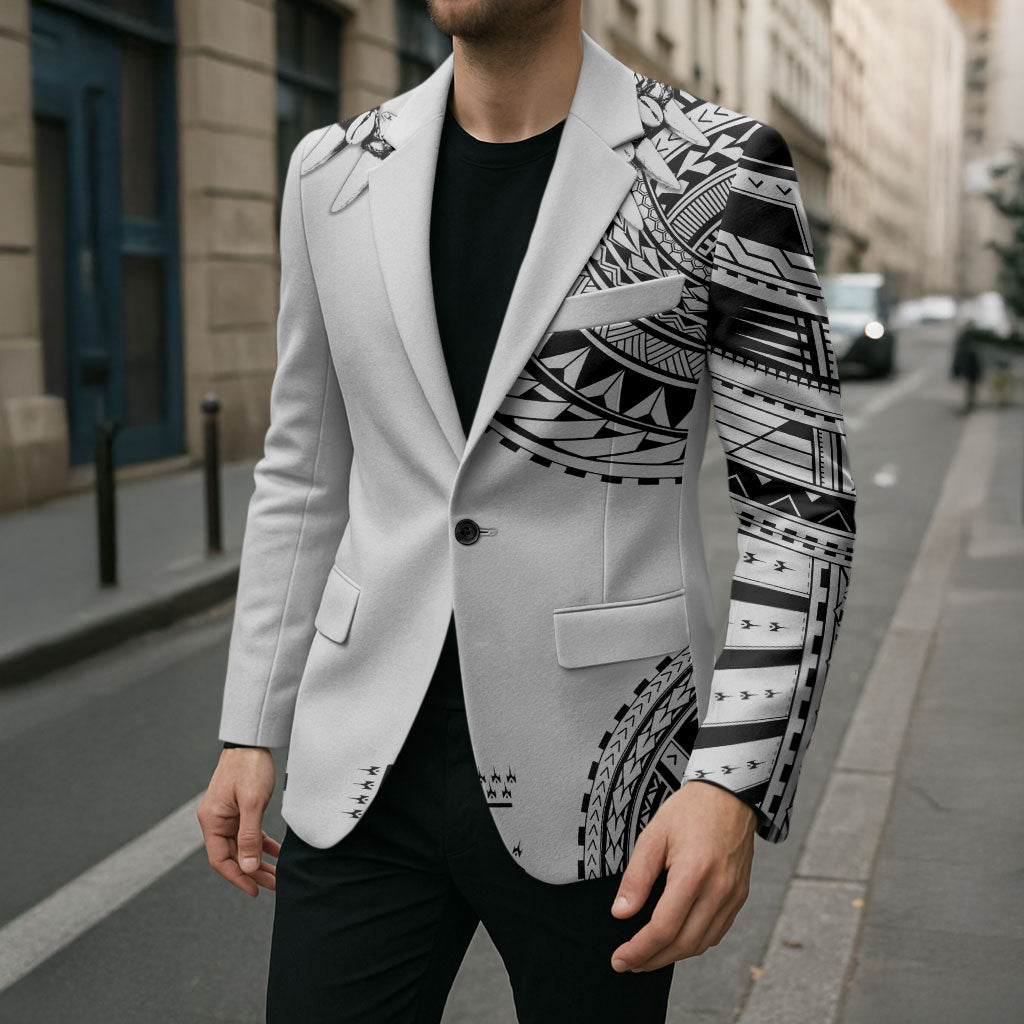 Polynesian Chief Inspired Costume Blazer Tribal Pattern With Tooth Necklace White LT05 - Polynesian Pride