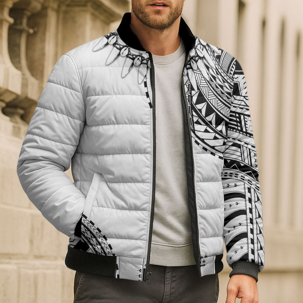 Polynesian Chief Inspired Costume Bomber Puffer Jacket Tribal Pattern With Tooth Necklace White LT05 - Polynesian Pride