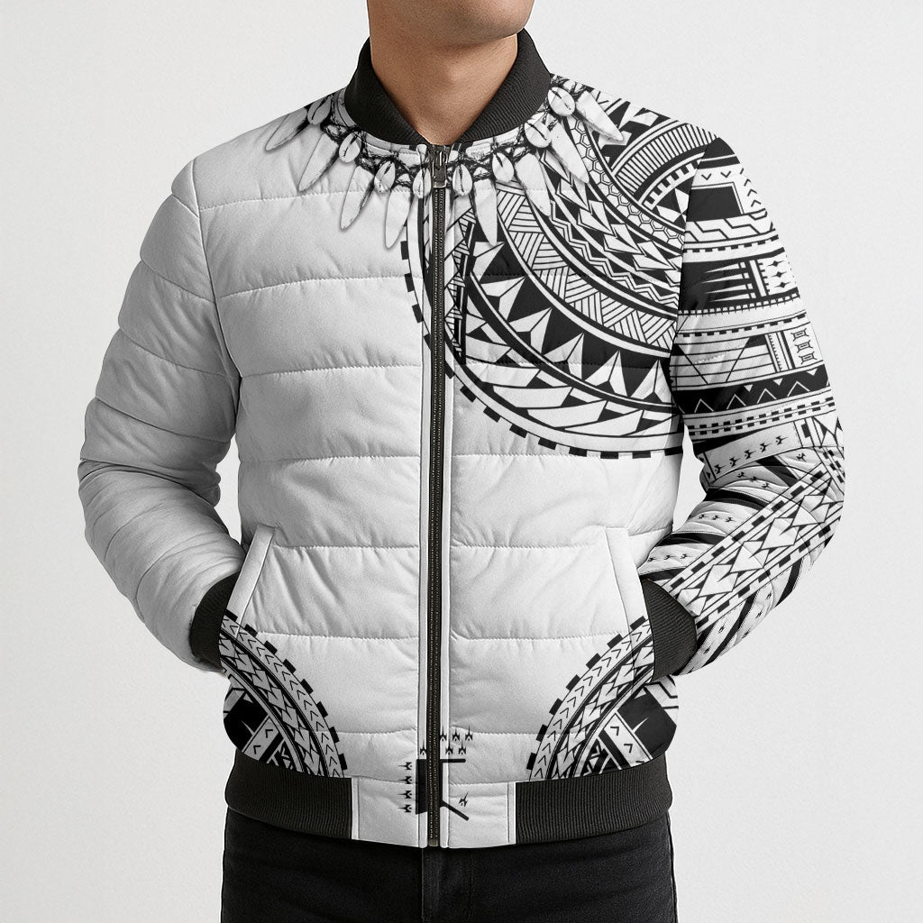 Polynesian Chief Inspired Costume Bomber Puffer Jacket Tribal Pattern With Tooth Necklace White LT05 - Polynesian Pride