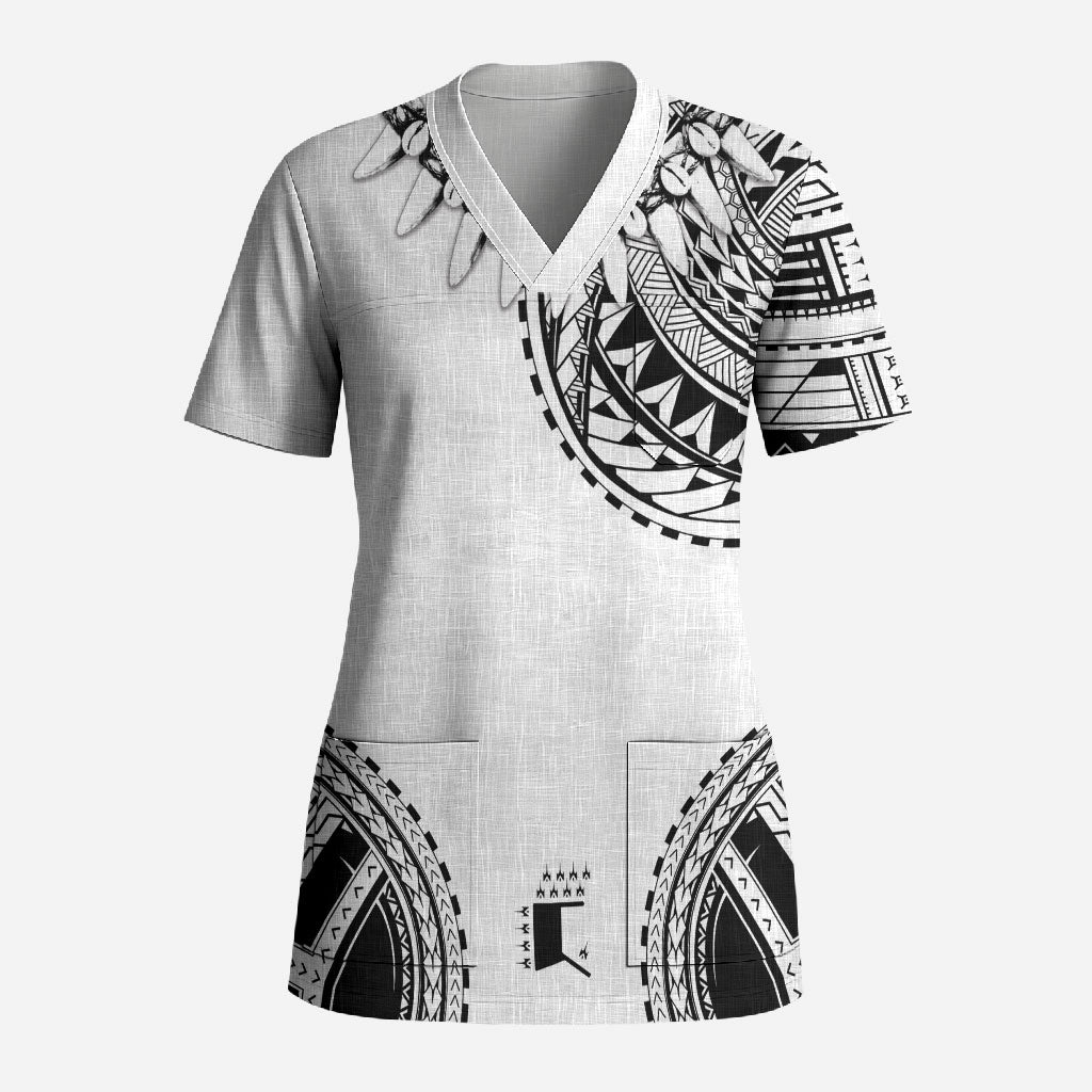 Polynesian Chief Inspired Costume Scrub Top Tribal Pattern With Tooth Necklace White LT05 Adult White - Polynesian Pride