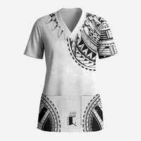 Polynesian Chief Inspired Costume Scrub Top Tribal Pattern With Tooth Necklace White LT05 Adult White - Polynesian Pride