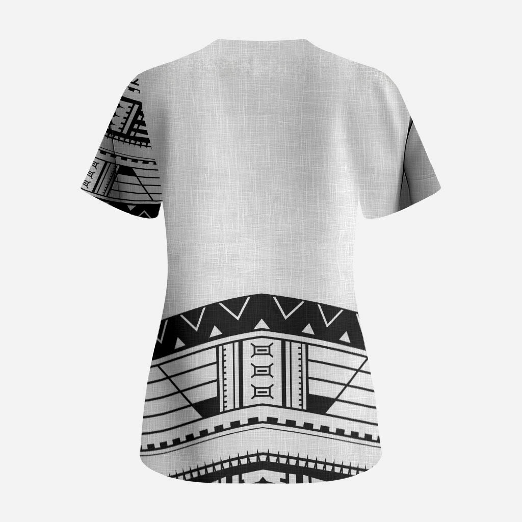Polynesian Chief Inspired Costume Scrub Top Tribal Pattern With Tooth Necklace White LT05 - Polynesian Pride